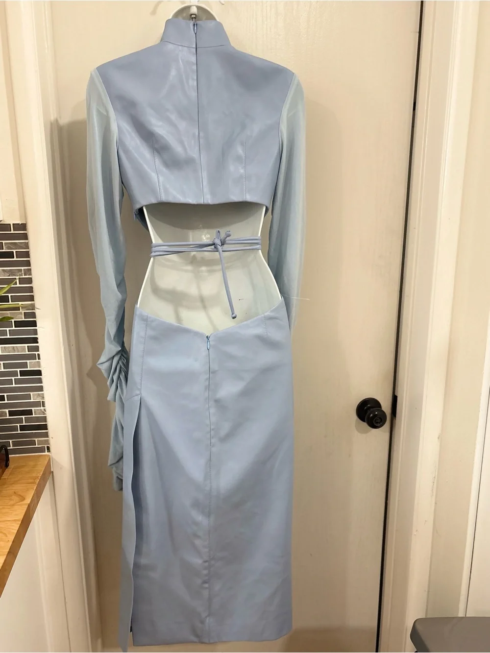 Women’s Light Blue Faux Leather Skirt Set with High Slit with matching top